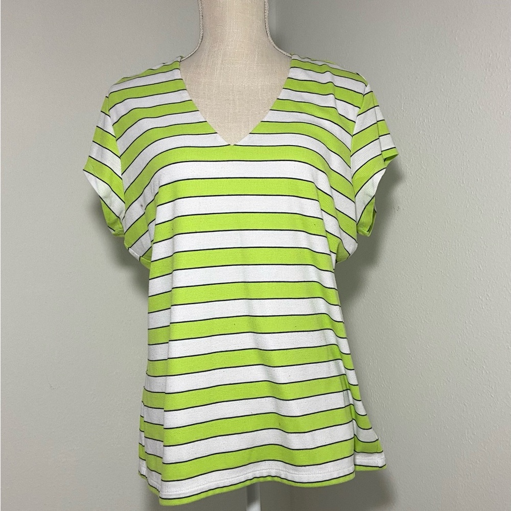 Peter Nygard SZ XL Lime Green and White Striped V-Neck Woman's Top Short Sleeve